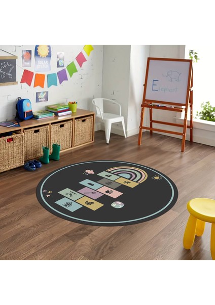 Dijital Baskılı Kaymaz Yıkanabilir Eğlenceli Yuvarlak Çocuk Odası Halısı, N-Y-Çocuk-31-Antrasit,