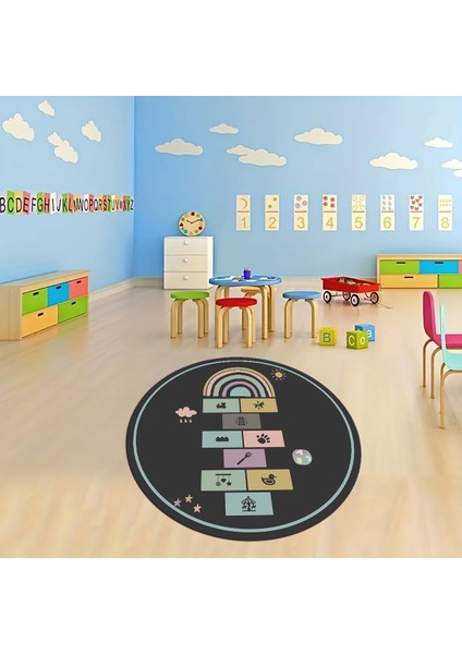 Dijital Baskılı Kaymaz Yıkanabilir Eğlenceli Yuvarlak Çocuk Odası Halısı, N-Y-Çocuk-31-Antrasit,