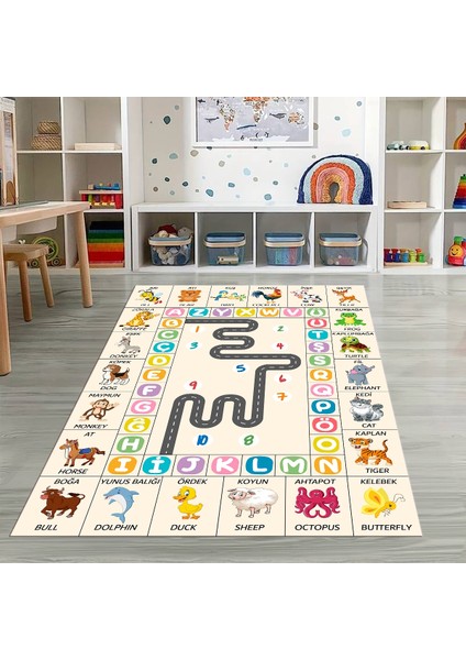 Dijital Baskılı Kaymaz Taban Yıkanabilir Eğlenceli Eğitici Çocuk Odası Halısı, N-Çocuk-44-Krem, fırsatları