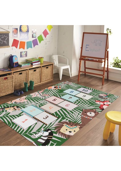 Dijital Baskılı Kaymaz Taban Yıkanabilir Eğlenceli Eğitici Çocuk Odası Halısı, N-Çocuk-28-Yeşil,