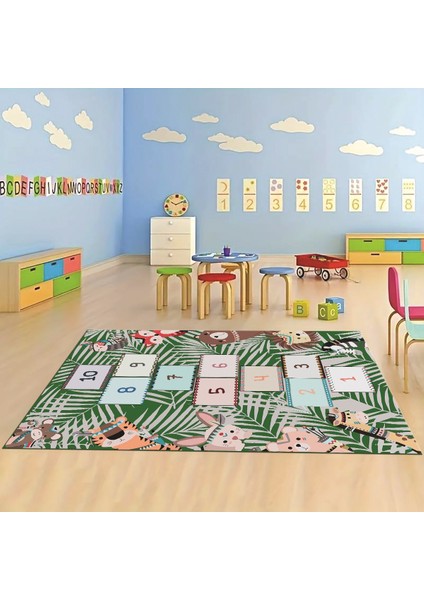 Dijital Baskılı Kaymaz Taban Yıkanabilir Eğlenceli Eğitici Çocuk Odası Halısı, N-Çocuk-28-Yeşil,