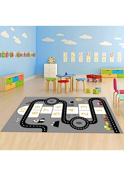 Dijital Baskılı Kaymaz Taban Yıkanabilir Eğlenceli Eğitici Çocuk Odası Halısı, N-Çocuk-06-Gri,