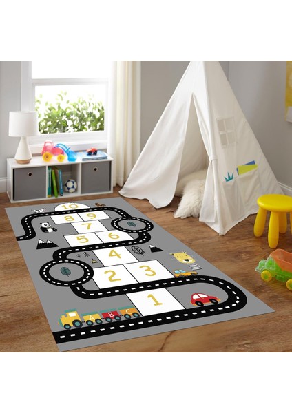 Dijital Baskılı Kaymaz Taban Yıkanabilir Eğlenceli Eğitici Çocuk Odası Halısı, N-Çocuk-06-Gri, modelleri