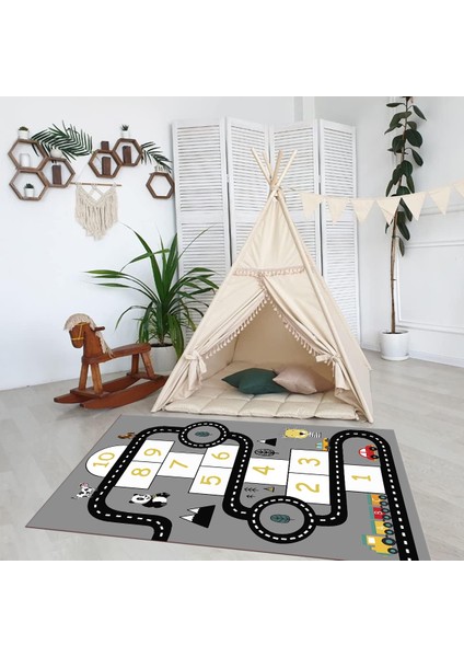 Dijital Baskılı Kaymaz Taban Yıkanabilir Eğlenceli Eğitici Çocuk Odası Halısı, N-Çocuk-06-Gri, fırsatları