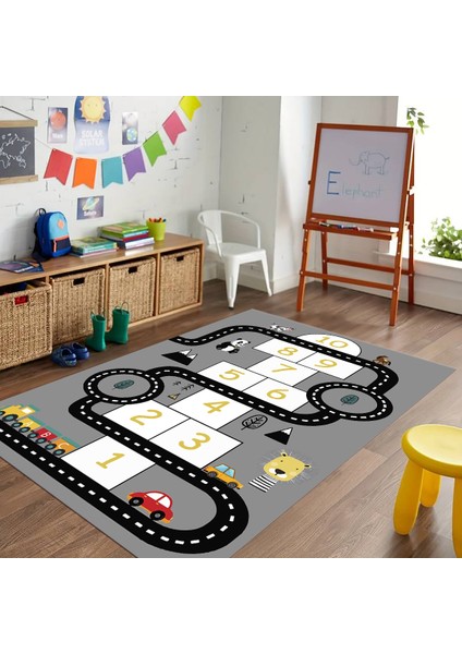 Dijital Baskılı Kaymaz Taban Yıkanabilir Eğlenceli Eğitici Çocuk Odası Halısı, N-Çocuk-06-Gri, indirimleri
