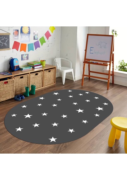 Dijital Baskılı Kaymaz Yıkanabilir Eğlenceli Eğitici Oval Çocuk Odası Halısı, N-O-Çocuk-32-Antrasit,