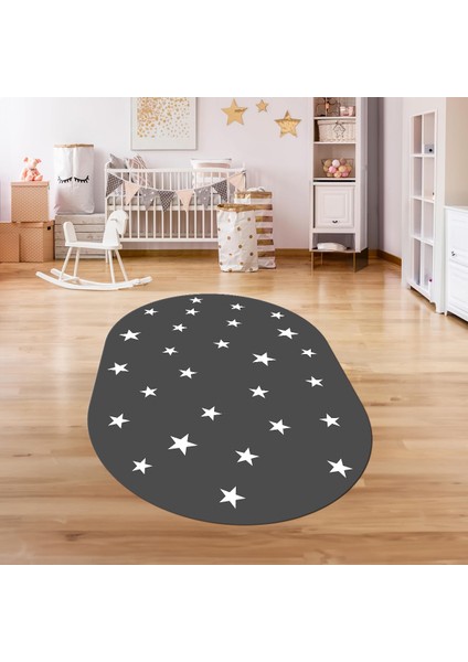 Dijital Baskılı Kaymaz Yıkanabilir Eğlenceli Eğitici Oval Çocuk Odası Halısı, N-O-Çocuk-32-Antrasit,