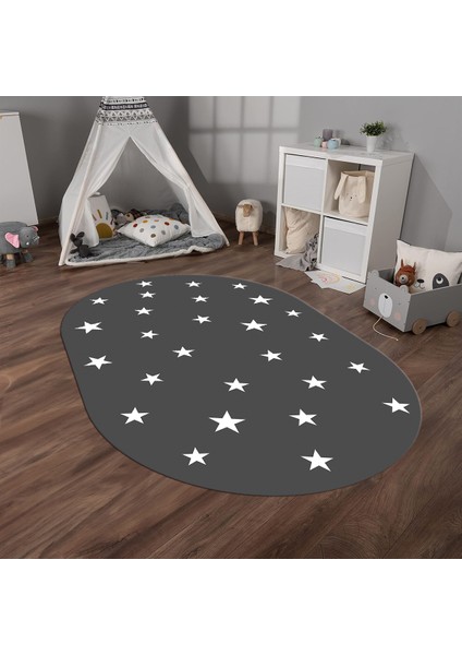 Dijital Baskılı Kaymaz Yıkanabilir Eğlenceli Eğitici Oval Çocuk Odası Halısı, N-O-Çocuk-32-Antrasit,