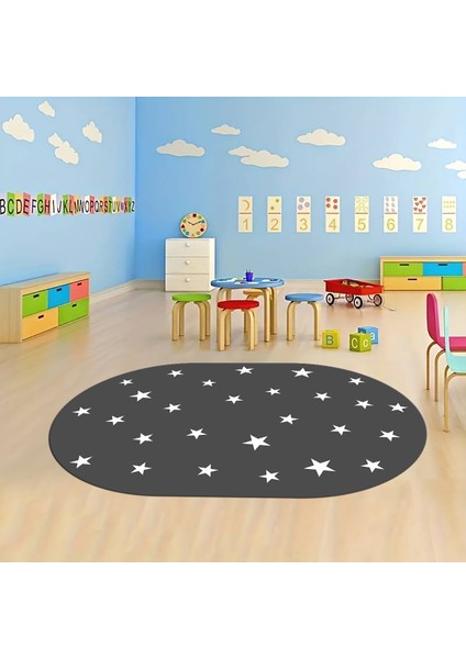 Dijital Baskılı Kaymaz Yıkanabilir Eğlenceli Eğitici Oval Çocuk Odası Halısı, N-O-Çocuk-32-Antrasit,