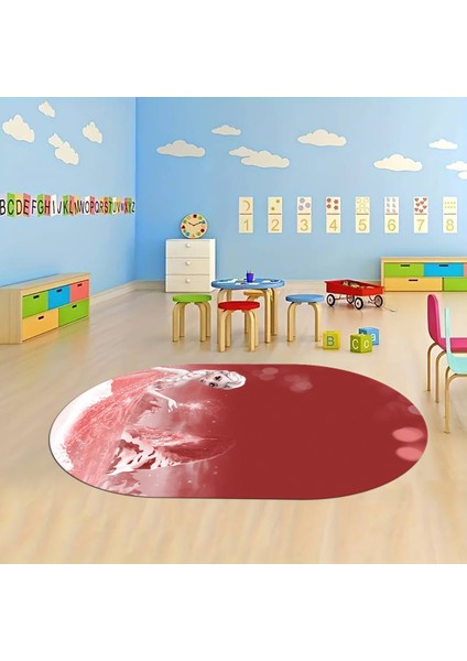 Dijital Baskılı Kaymaz Yıkanabilir Eğlenceli Eğitici Oval Çocuk Odası Halısı, N-O-Çocuk-43-Kırmızı,