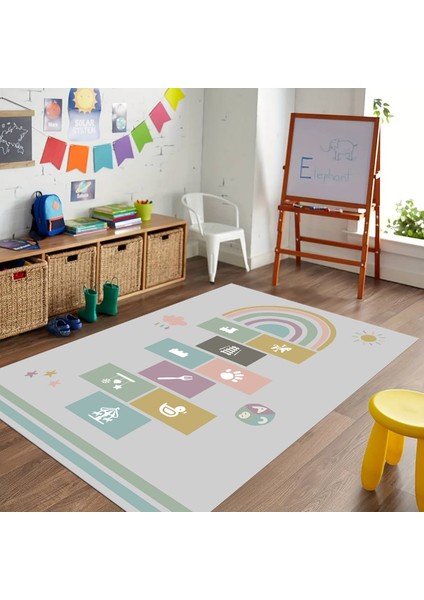 Dijital Baskılı Kaymaz Taban Yıkanabilir Eğlenceli Eğitici Çocuk Odası Halısı, N-Çocuk-31-Gri,
