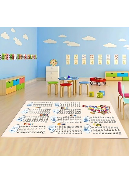 Dijital Baskılı Kaymaz Taban Yıkanabilir Eğlenceli Eğitici Çocuk Odası Halısı, N-Çocuk-05-Krem,