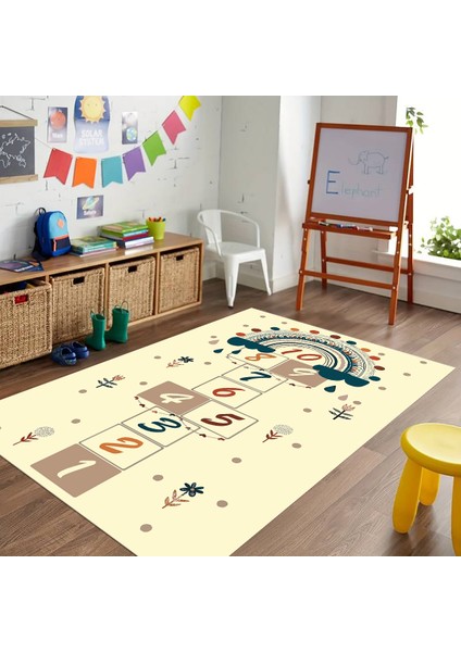 Dijital Baskılı Kaymaz Taban Yıkanabilir Eğlenceli Eğitici Çocuk Odası Halısı, N-Çocuk-30-Krem,