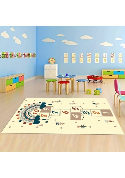 Dijital Baskılı Kaymaz Taban Yıkanabilir Eğlenceli Eğitici Çocuk Odası Halısı, N-Çocuk-30-Krem,