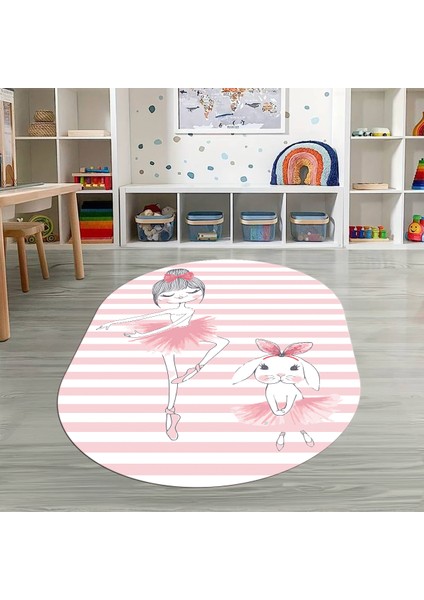 Dijital Baskılı Kaymaz Yıkanabilir Eğlenceli Eğitici Oval Çocuk Odası Halısı, N-O-Çocuk-09-Pembe,