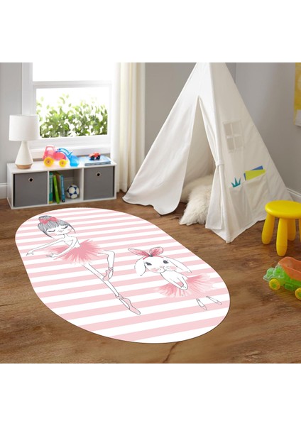 Dijital Baskılı Kaymaz Yıkanabilir Eğlenceli Eğitici Oval Çocuk Odası Halısı, N-O-Çocuk-09-Pembe,