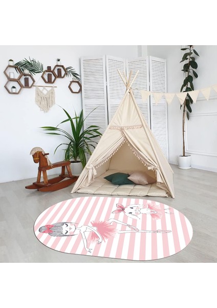 Dijital Baskılı Kaymaz Yıkanabilir Eğlenceli Eğitici Oval Çocuk Odası Halısı, N-O-Çocuk-09-Pembe,