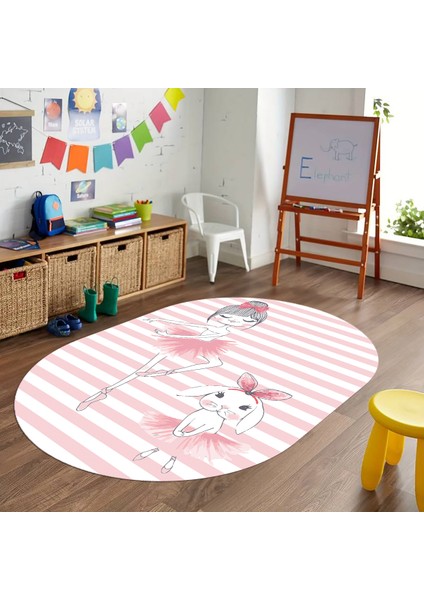 Dijital Baskılı Kaymaz Yıkanabilir Eğlenceli Eğitici Oval Çocuk Odası Halısı, N-O-Çocuk-09-Pembe,