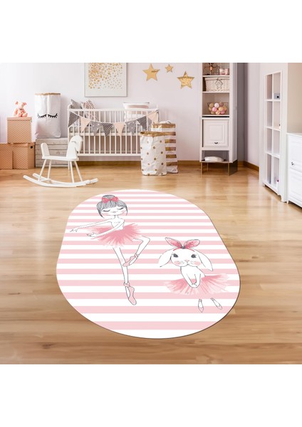 Dijital Baskılı Kaymaz Yıkanabilir Eğlenceli Eğitici Oval Çocuk Odası Halısı, N-O-Çocuk-09-Pembe,