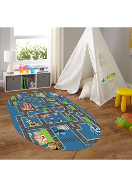 Dijital Baskılı Kaymaz Yıkanabilir Eğlenceli Eğitici Oval Çocuk Odası Halısı, N-O-Çocuk-20-Mavi,
