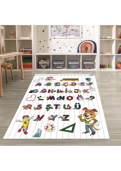 Dijital Baskılı Kaymaz Taban Yıkanabilir Eğlenceli Eğitici Çocuk Odası Halısı, N-Çocuk-33-Beyaz, indirimleri
