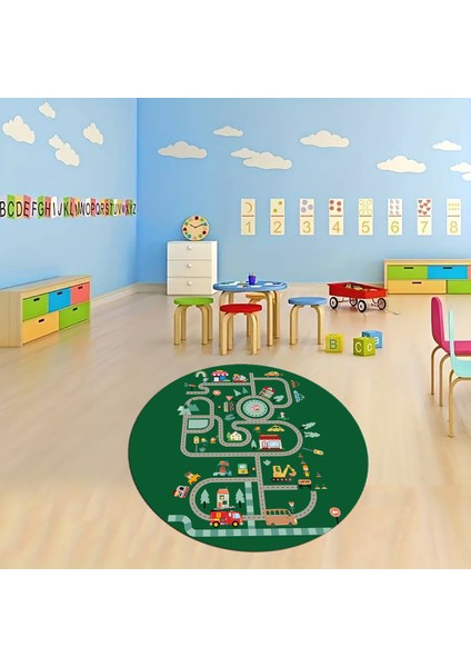 Dijital Baskılı Kaymaz Yıkanabilir Eğlenceli Yuvarlak Çocuk Odası Halısı, N-Y-Çocuk-48-Yeşil,
