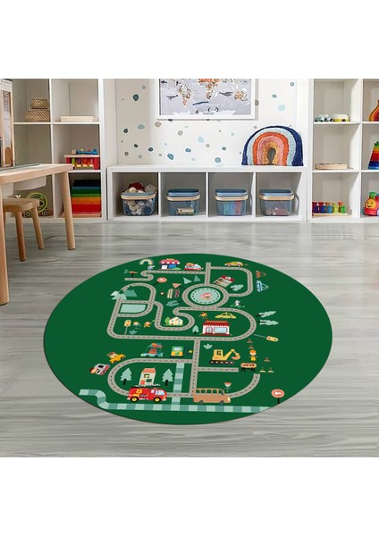 Dijital Baskılı Kaymaz Yıkanabilir Eğlenceli Yuvarlak Çocuk Odası Halısı, N-Y-Çocuk-48-Yeşil,