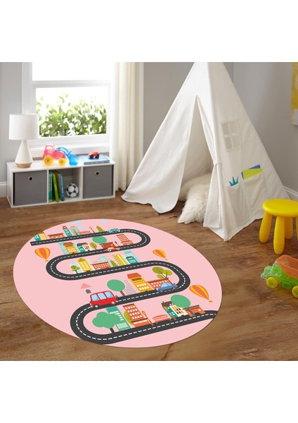 Dijital Baskılı Kaymaz Yıkanabilir Eğlenceli Yuvarlak Çocuk Odası Halısı, N-Y-Çocuk-18-Pembe,