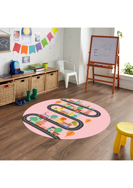 Dijital Baskılı Kaymaz Yıkanabilir Eğlenceli Yuvarlak Çocuk Odası Halısı, N-Y-Çocuk-18-Pembe, modelleri