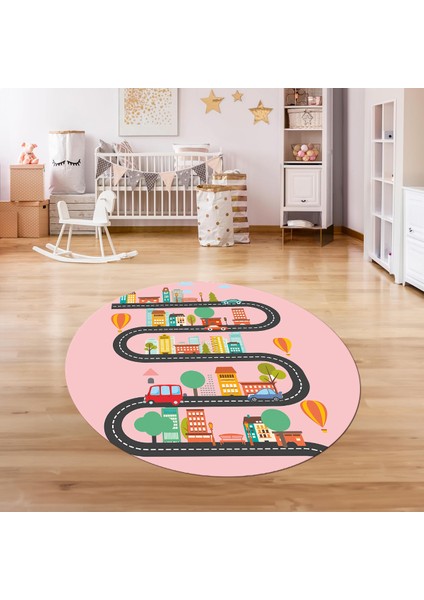 Dijital Baskılı Kaymaz Yıkanabilir Eğlenceli Yuvarlak Çocuk Odası Halısı, N-Y-Çocuk-18-Pembe, fırsatları