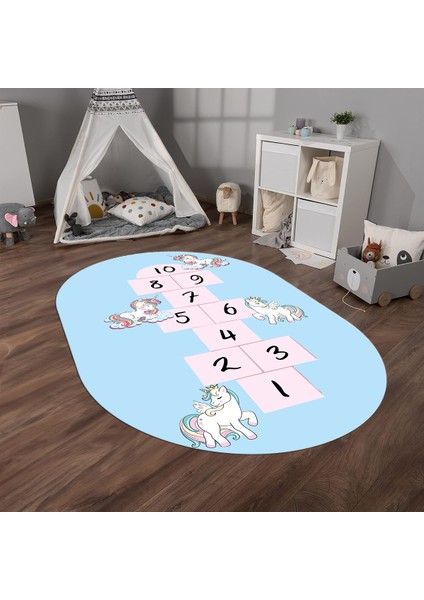 Dijital Baskılı Kaymaz Yıkanabilir Eğlenceli Eğitici Oval Çocuk Odası Halısı, N-O-Çocuk-37-Mavi,