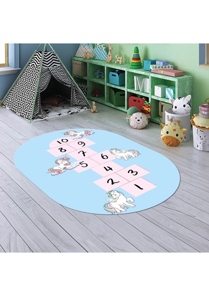 Dijital Baskılı Kaymaz Yıkanabilir Eğlenceli Eğitici Oval Çocuk Odası Halısı, N-O-Çocuk-37-Mavi,