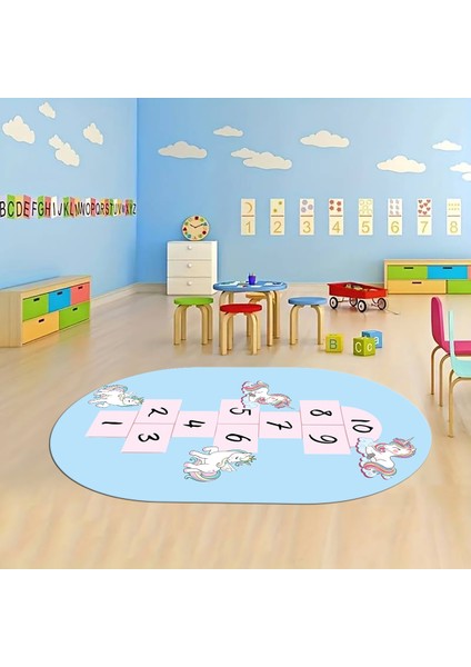 Dijital Baskılı Kaymaz Yıkanabilir Eğlenceli Eğitici Oval Çocuk Odası Halısı, N-O-Çocuk-37-Mavi,