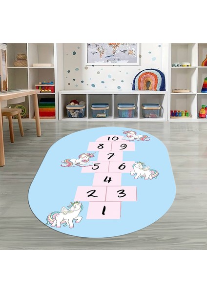Dijital Baskılı Kaymaz Yıkanabilir Eğlenceli Eğitici Oval Çocuk Odası Halısı, N-O-Çocuk-37-Mavi,
