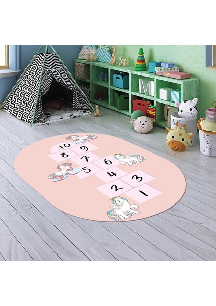 Dijital Baskılı Kaymaz Yıkanabilir Eğlenceli Eğitici Oval Çocuk Odası Halısı, N-O-Çocuk-37-Pembe, modelleri