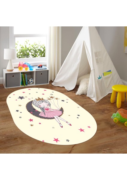 Dijital Baskılı Kaymaz Yıkanabilir Eğlenceli Eğitici Oval Çocuk Odası Halısı, N-O-Çocuk-13-Krem,