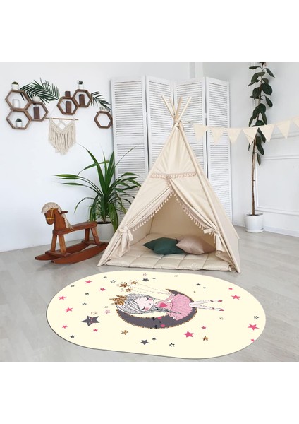 Dijital Baskılı Kaymaz Yıkanabilir Eğlenceli Eğitici Oval Çocuk Odası Halısı, N-O-Çocuk-13-Krem,