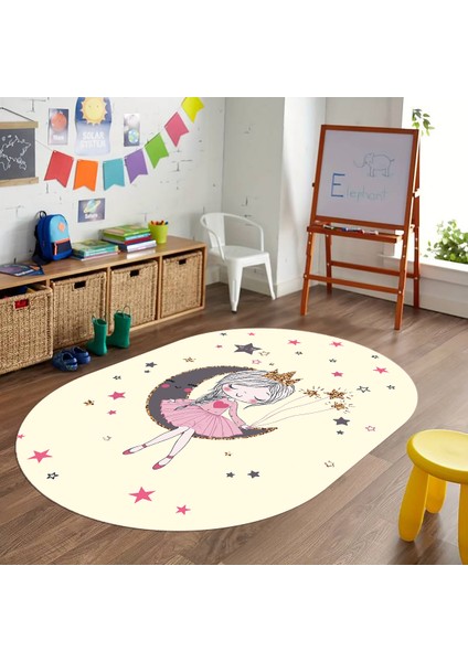 Dijital Baskılı Kaymaz Yıkanabilir Eğlenceli Eğitici Oval Çocuk Odası Halısı, N-O-Çocuk-13-Krem,