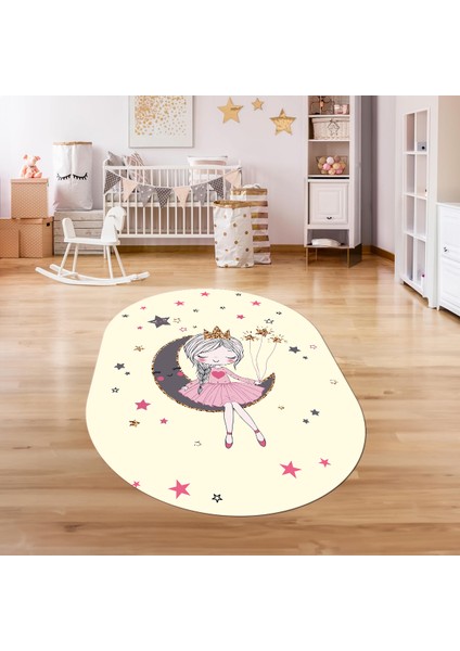 Dijital Baskılı Kaymaz Yıkanabilir Eğlenceli Eğitici Oval Çocuk Odası Halısı, N-O-Çocuk-13-Krem,