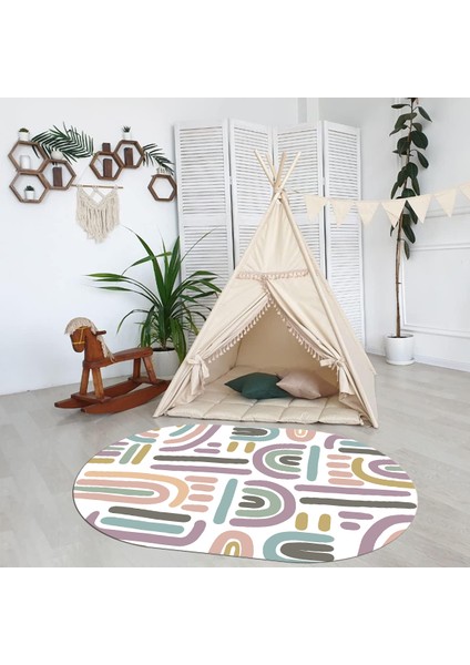 Dijital Baskılı Kaymaz Yıkanabilir Eğlenceli Eğitici Oval Çocuk Odası Halısı, N-O-Çocuk-26-Renkli,