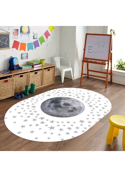 Dijital Baskılı Kaymaz Yıkanabilir Eğlenceli Eğitici Oval Çocuk Odası Halısı, N-O-Çocuk-27-Beyaz,