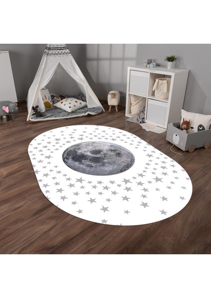 Dijital Baskılı Kaymaz Yıkanabilir Eğlenceli Eğitici Oval Çocuk Odası Halısı, N-O-Çocuk-27-Beyaz,