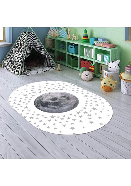 Dijital Baskılı Kaymaz Yıkanabilir Eğlenceli Eğitici Oval Çocuk Odası Halısı, N-O-Çocuk-27-Beyaz,