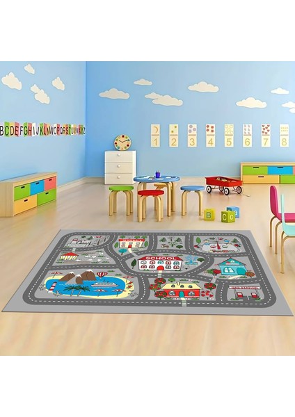 Dijital Baskılı Kaymaz Taban Yıkanabilir Eğlenceli Eğitici Çocuk Odası Halısı, N-Çocuk-02-Gri,