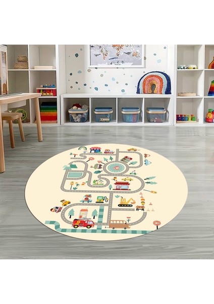 Dijital Baskılı Kaymaz Yıkanabilir Eğlenceli Yuvarlak Çocuk Odası Halısı, N-Y-Çocuk-48-Krem, modelleri