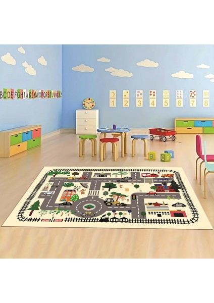 Dijital Baskılı Kaymaz Taban Yıkanabilir Eğlenceli Eğitici Çocuk Odası Halısı, N-Çocuk-46-Krem, fiyatları