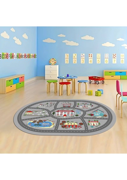 Dijital Baskılı Kaymaz Yıkanabilir Eğlenceli Eğitici Oval Çocuk Odası Halısı, N-O-Çocuk-02-Gri,