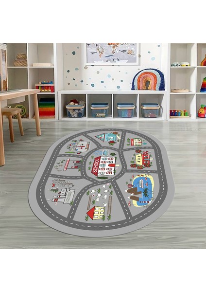 Dijital Baskılı Kaymaz Yıkanabilir Eğlenceli Eğitici Oval Çocuk Odası Halısı, N-O-Çocuk-02-Gri,