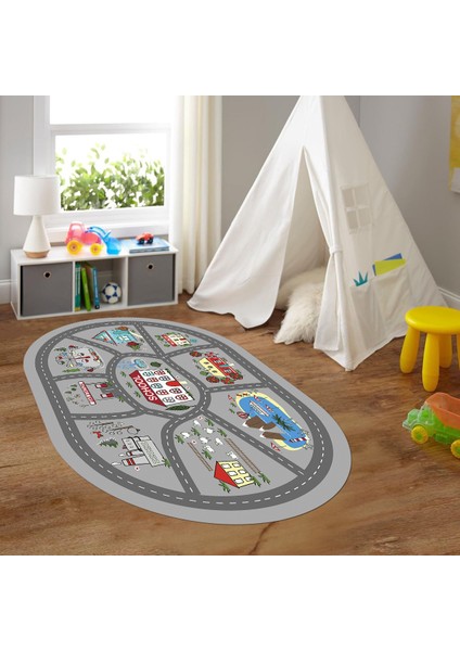 Dijital Baskılı Kaymaz Yıkanabilir Eğlenceli Eğitici Oval Çocuk Odası Halısı, N-O-Çocuk-02-Gri,