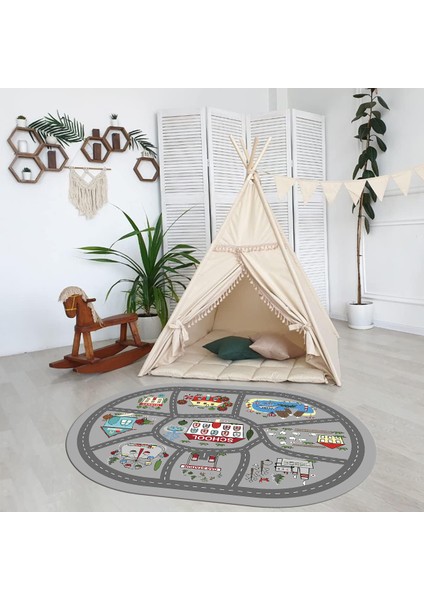 Dijital Baskılı Kaymaz Yıkanabilir Eğlenceli Eğitici Oval Çocuk Odası Halısı, N-O-Çocuk-02-Gri,